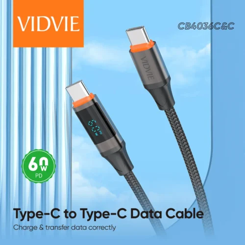Vidvie CB4036C&C Type-C to Type-C Fast ChargingData Cable LED Displays Real Power Output 60W 1.2M كابل شاحن تايب سي ٦٠ واط بشاشة ليد لعرض الطاقة