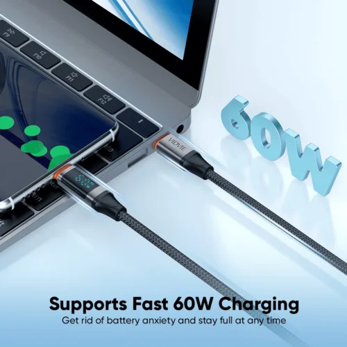 Vidvie CB4036C&C Type-C to Type-C Fast ChargingData Cable LED Displays Real Power Output 60W 1.2M كابل شاحن تايب سي ٦٠ واط بشاشة ليد لعرض الطاقة