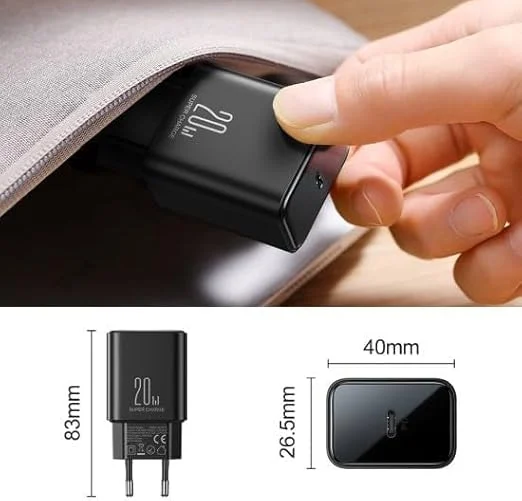 JOYROOM JR-TCF06 Flash Series PD 20W Single-Port Charger - Black (EU) + C To L Cable 1M