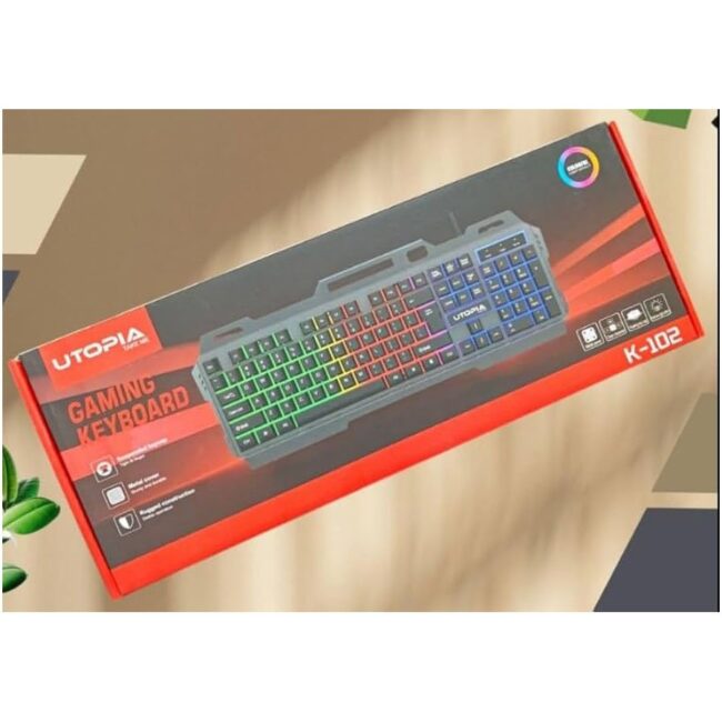 Utopia (K-102) Gaming Keyboard with Rainbow Color LED Lighting and Metal cover Plastic Gaming Surface