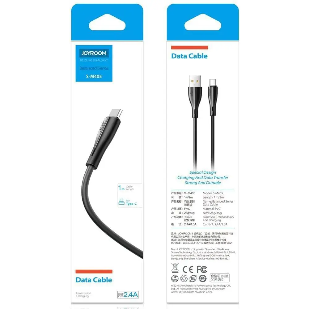 JOYROOM S-M405 Balanced Series USB To USB-C Charging Data Cable 1M كابل شحن و نقل بيانات تايب سي 8 اشترِ كابل Joyroom S-M405 USB-C بمصر. كابل PVC مرن وقوي بقوة 2.4 أمبير لشحن ومزامنة أجهزة الأندرويد والملحقات بأفضل سعر من KCS Store.