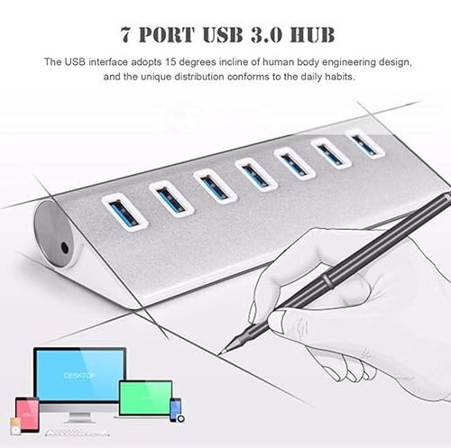 USB Hub,Aluminum 7-Port Compact Portable Super Speed USB 3.0 Data Hub for iMac MacBook PC Laptop