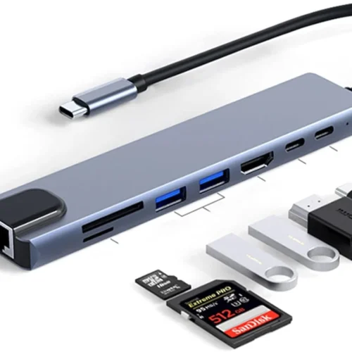 USB C Hub 8-in-1, Type-C Hub to HDMI 4K@30Hz, USB-C Port, Ethernet，PD100W Charging Port, SD/TF Card Reader