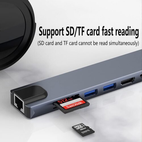 USB C Hub 8-in-1, Type-C Hub to HDMI 4K@30Hz, USB-C Port, Ethernet，PD100W Charging Port, SD/TF Card Reader