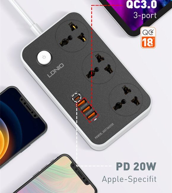 Ldnio SC3412 Power Strip With 3 Ways Power Socket 4 USB Port  Fast Charging USB-C