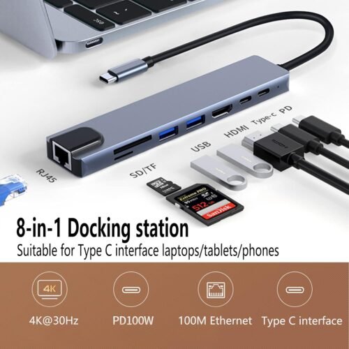 USB C Hub 8-in-1, Type-C Hub to HDMI 4K@30Hz, USB-C Port, Ethernet，PD100W Charging Port, SD/TF Card Reader