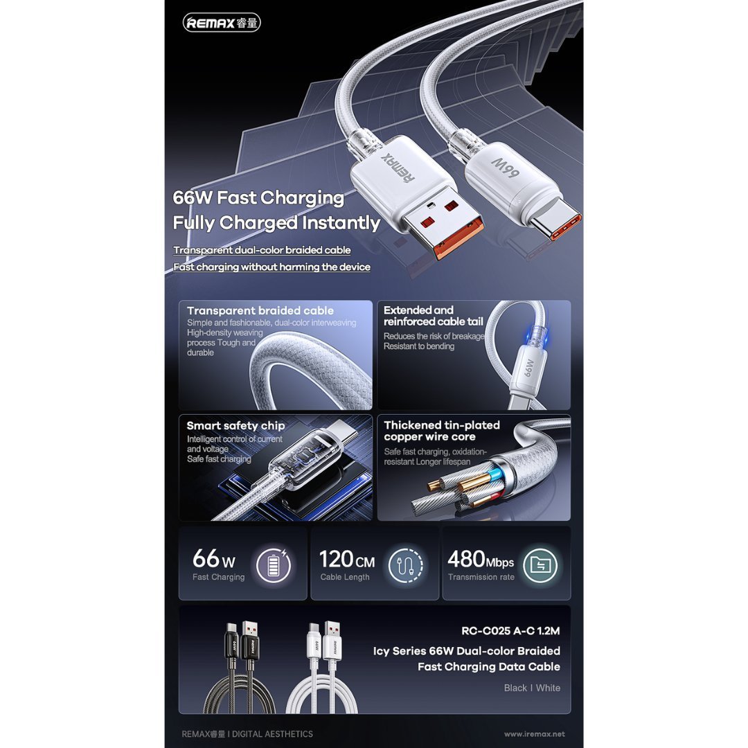 REMAX USB / 66W 1.2M RC-C025 Type C Fast Charging Data Cable - الصورة 2