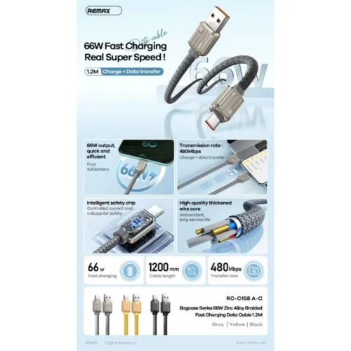 Remax RC-C158 Bagcase Series Type-C To Type-A 60 W Fast Charging Data Cable 1.2m - orange
