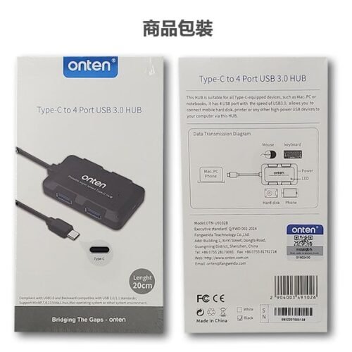 ONTEN OT-9102B USB 3.0 Type C OTG Hub with 4 Port USB 3.0 Ports with LED Light for Mobile Phone Laptop MacBook