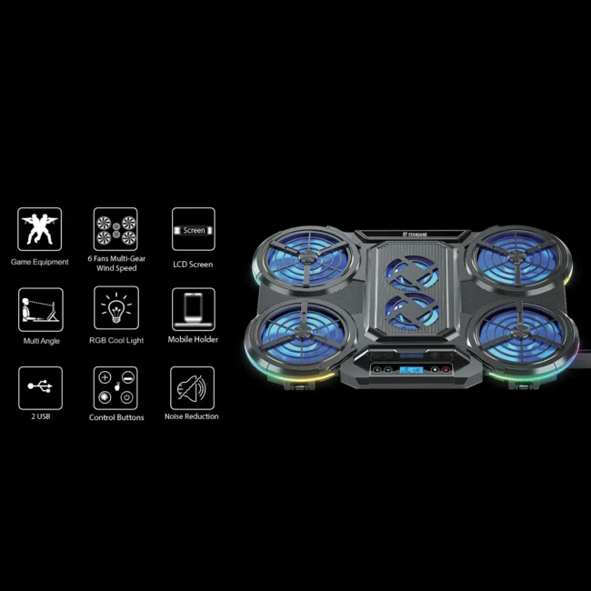 ICE-08 Laptop Cooling Fan - 6 Powerful RGB Fans and LCD Display - 2 USB Ports - 7 Levels Adjustable Height