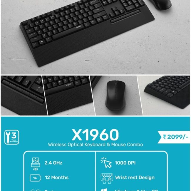 Rapoo x1960 Wireless Spill-Resistant Keyboard & Mouse Combo w/Palm Rest