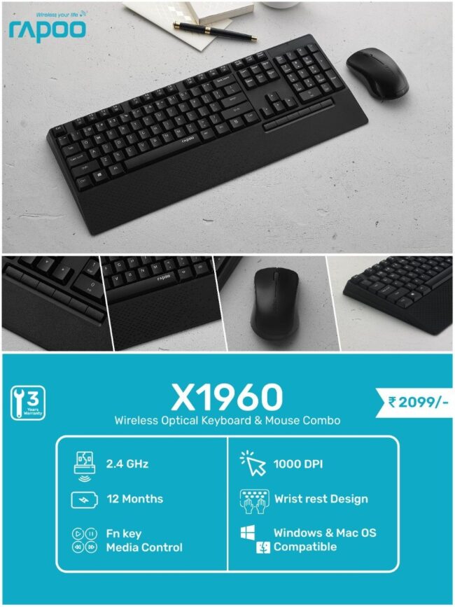 ⁦Rapoo x1960 Wireless Spill-Resistant Keyboard & Mouse Combo w/Palm Rest⁩ - الصورة ⁦6⁩