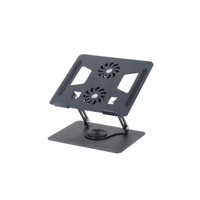 YL-906 Aluminium Laptop Stand – Adjustable 360° Rotating Tabletop Holder with Dual Fans (25cm, Black)