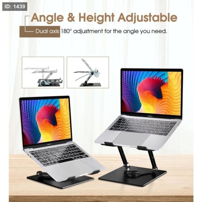 YL-906 Aluminium Laptop Stand – Adjustable 360° Rotating Tabletop Holder with Dual Fans (25cm, Black)