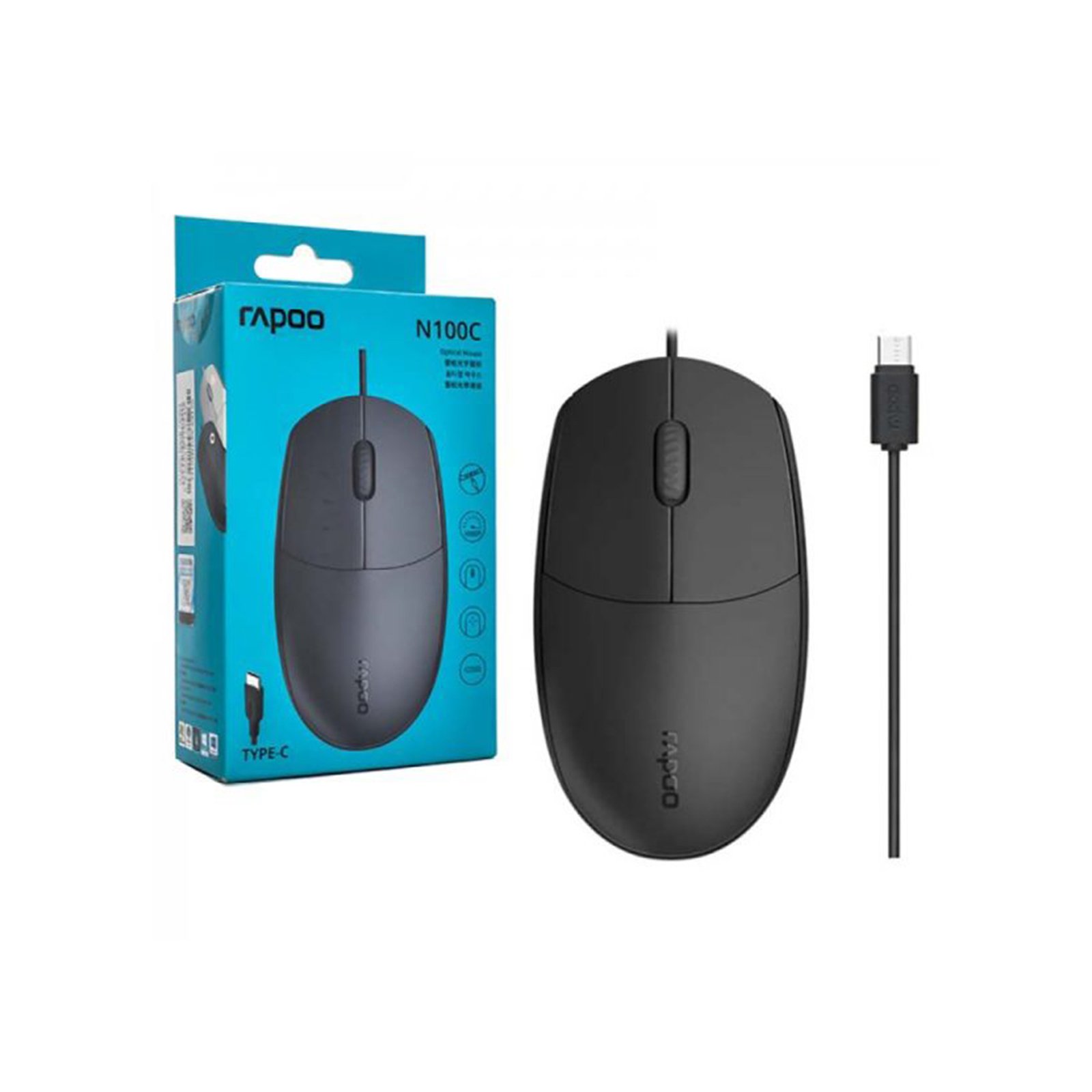 Rapoo N100C USB‑C Wired Optical Mouse – Ambidextrous, 1000 DPI
