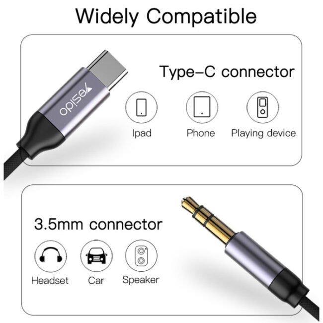 YAU20 Type-C to AUX 3.5mm Cable – 1M Aluminum Alloy Noise-Reduction Audio Cord