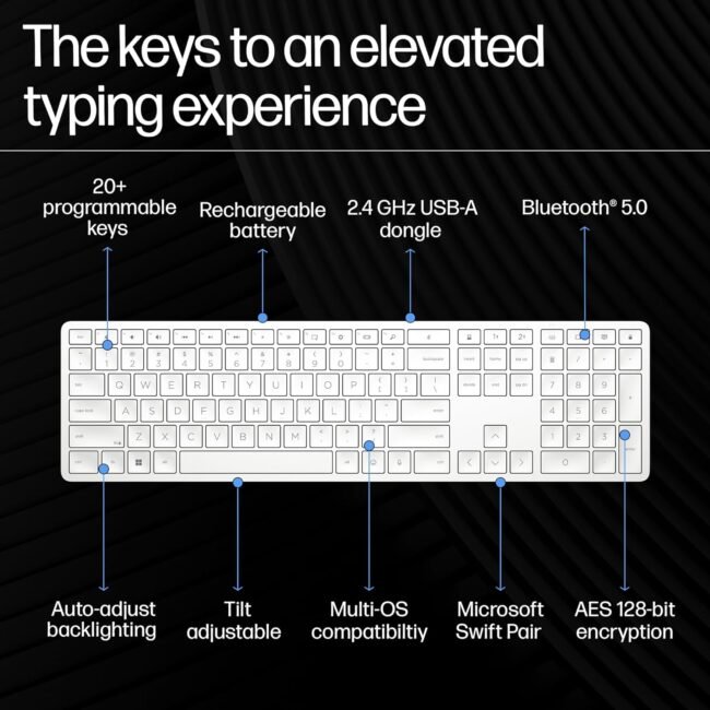 HP 970 Programmable Wireless Keyboard – Full-Size, Multi-Device Bluetooth & 2.4GHz, 20+ Programmable Keys, Backlit, Rechargeable USB-C
