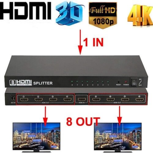 Tobo 1×8 HDMI Splitter – 1 Input to 8 Outputs | Full HD & 4K Support (HDMI 1.4) – Black