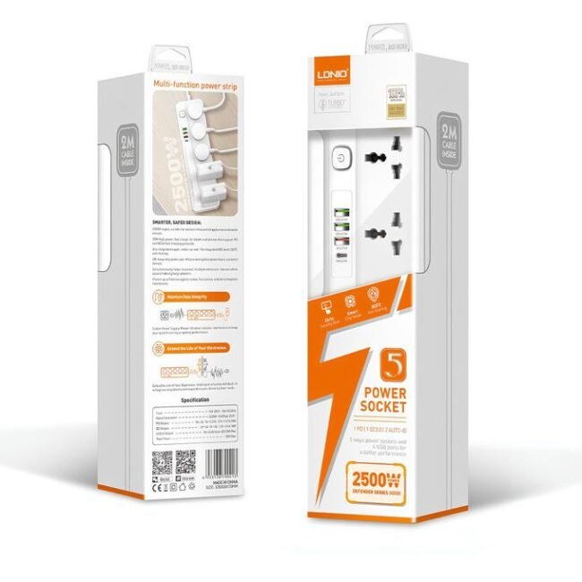 LDNIO SC5415 Fast-Charging Power Strip – 5 AC Outlets, 4 USB Ports, PD Fast Charge, 2m Cable, 2500W (White)