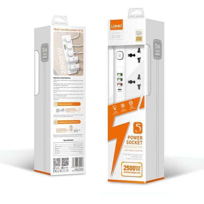 LDNIO SC5415 Fast-Charging Power Strip – 5 AC Outlets, 4 USB Ports, PD Fast Charge, 2m Cable, 2500W (White) - الصورة 2