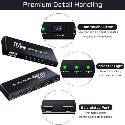Tobo 1×4 HDMI Splitter – 1 Input to 4 Outputs | Full HD & 4K Support (HDMI 1.4) – Black