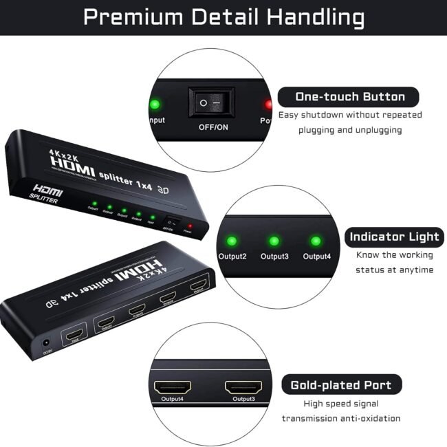 Tobo 1×4 HDMI Splitter – 1 Input to 4 Outputs | Full HD & 4K Support (HDMI 1.4) – Black