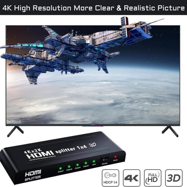 Tobo 1×4 HDMI Splitter – 1 Input to 4 Outputs | Full HD & 4K Support (HDMI 1.4) – Black