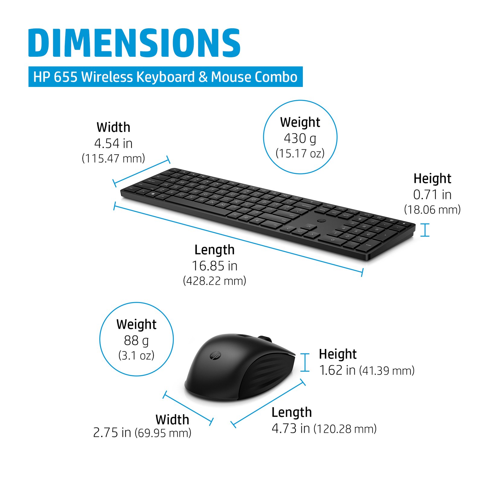 HP 655 Wireless Keyboard & Mouse Combo – Full-Size Wireless Keyboard + Multi-Surface Mouse, 2.4 GHz USB Dongle, Plug-and-Play - الصورة 2