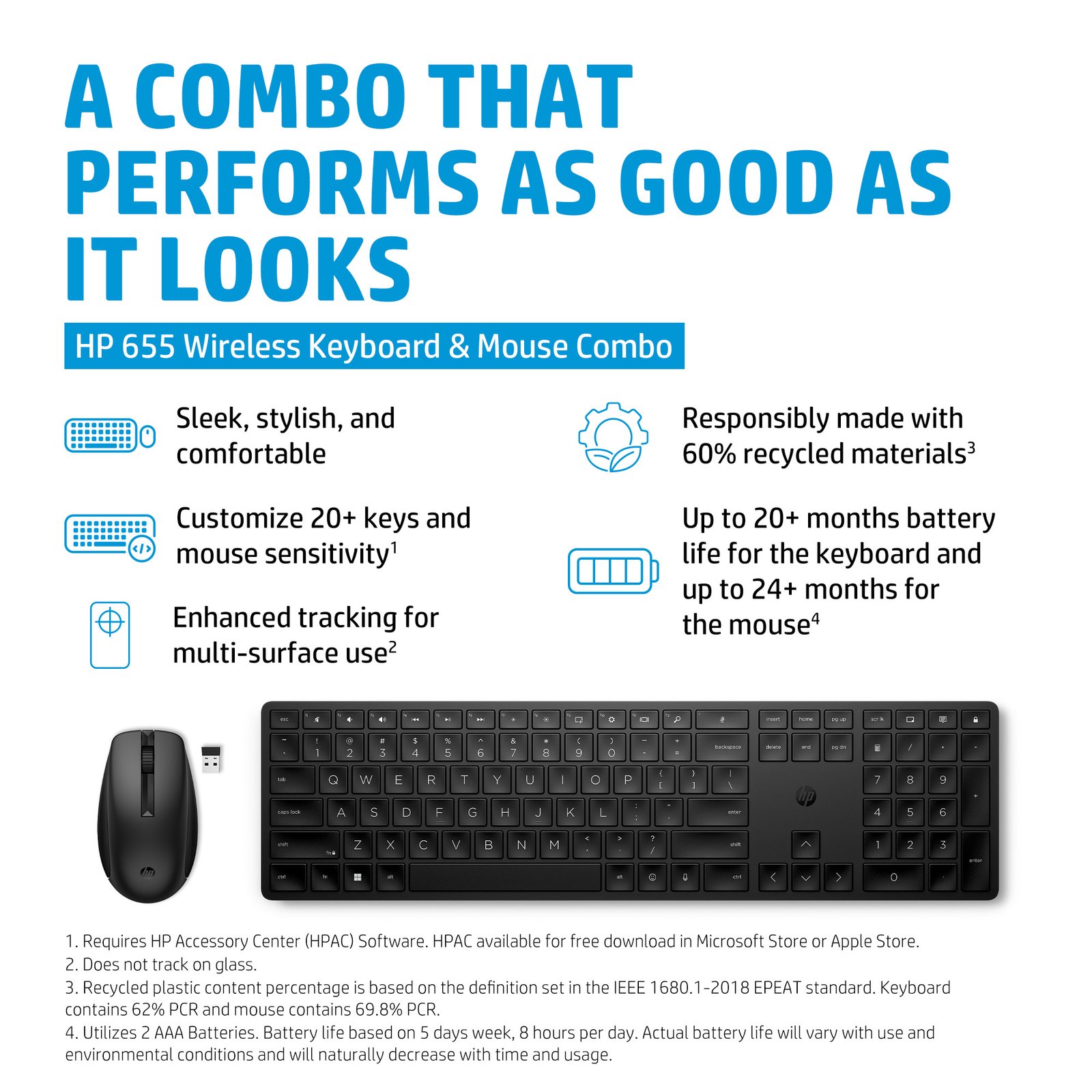 HP 655 Wireless Keyboard & Mouse Combo – Full-Size Wireless Keyboard + Multi-Surface Mouse, 2.4 GHz USB Dongle, Plug-and-Play - الصورة 3