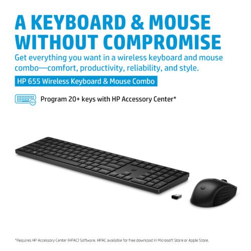 HP 655 Wireless Keyboard & Mouse Combo – Full-Size Wireless Keyboard + Multi-Surface Mouse, 2.4 GHz USB Dongle, Plug-and-Play