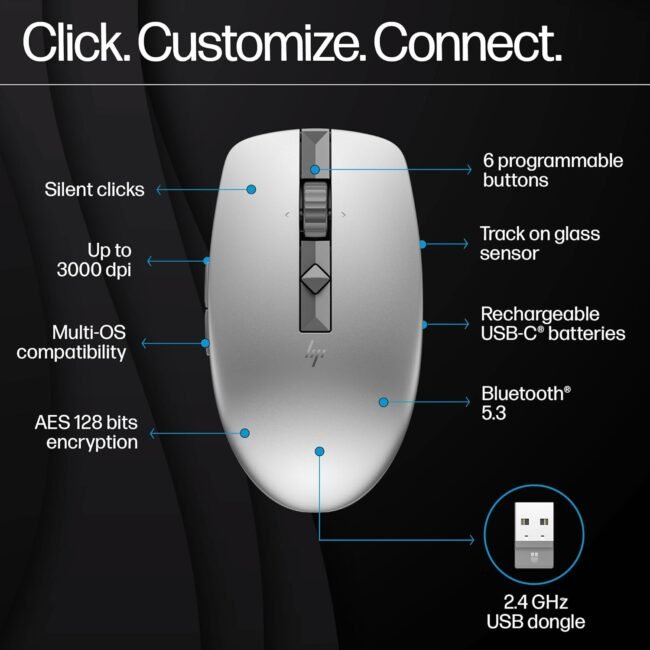 HP 710 Rechargeable Silent Wireless Mouse – Silent Click, Rechargeable Li-ion, 2.4 GHz & Bluetooth 5.3, Up to 3000 DPI, Suitable for Laptops & Desktops