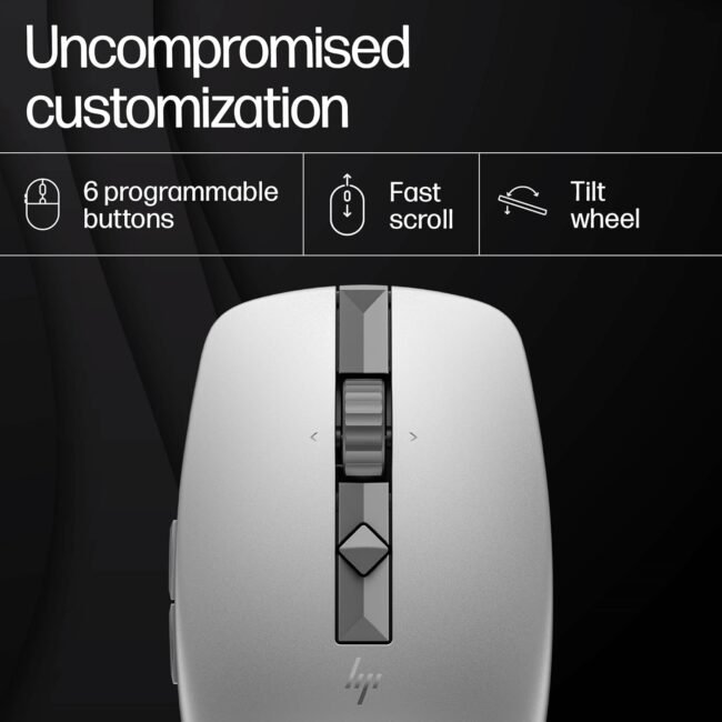 HP 710 Rechargeable Silent Wireless Mouse – Silent Click, Rechargeable Li-ion, 2.4 GHz & Bluetooth 5.3, Up to 3000 DPI, Suitable for Laptops & Desktops