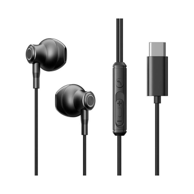 Joyroom JR-EC07 Type-C Wired Earphones – Half In-Ear Metal Design, HD Sound, Built-in Mic & Remote, Plug-and-Play for Android & USB-C Devices