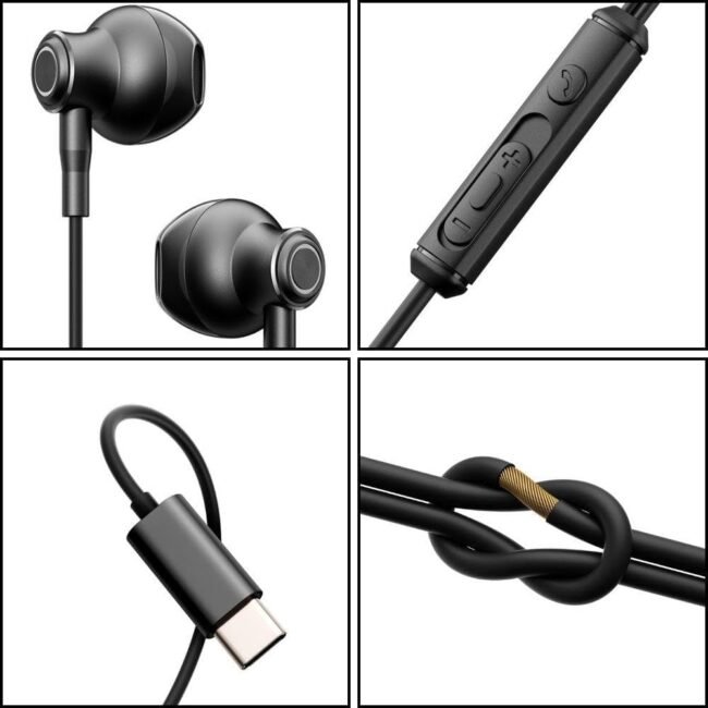 Joyroom JR-EC07 Type-C Wired Earphones – Half In-Ear Metal Design, HD Sound, Built-in Mic & Remote, Plug-and-Play for Android & USB-C Devices