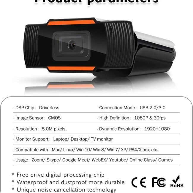 Kisonli 1080P Wide-Angle HD Webcam – 110° View, Built-in Mic, 30FPS USB Camera