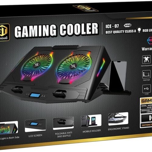 Standard ICE07 Gaming Laptop Cooling Pad – Dual Big RGB Fans, LCD Screen, Adjustable Stand, Mobile Holder, 2×USB Ports – for 12-17" Laptops