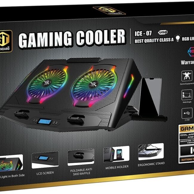 Standard ICE07 Gaming Laptop Cooling Pad – Dual Big RGB Fans, LCD Screen, Adjustable Stand, Mobile Holder, 2×USB Ports – for 12-17" Laptops