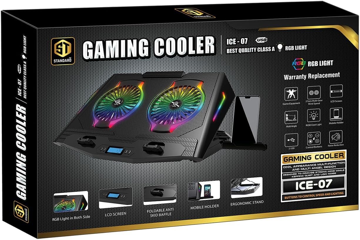 Standard ICE07 Gaming Laptop Cooling Pad – Dual Big RGB Fans, LCD Screen, Adjustable Stand, Mobile Holder, 2×USB Ports – for 12-17" Laptops - الصورة 2