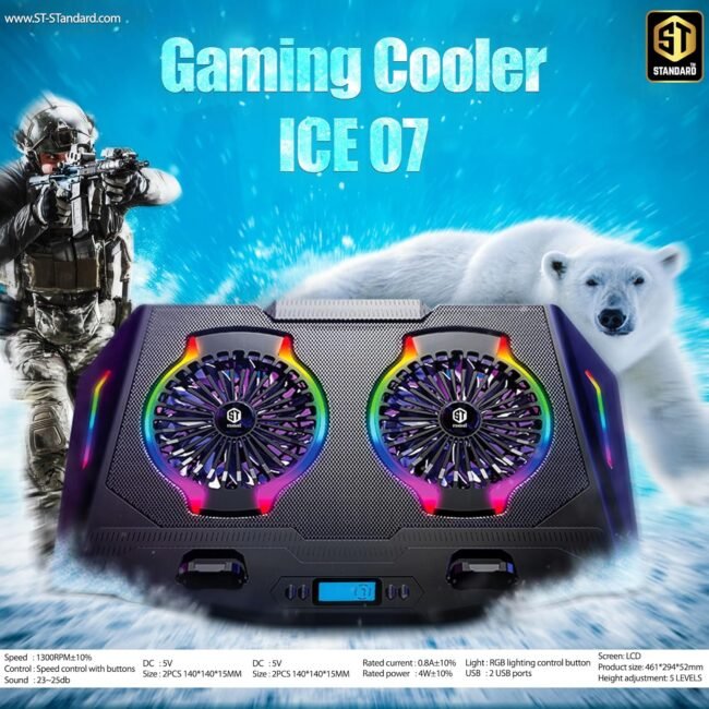 Standard ICE07 Gaming Laptop Cooling Pad – Dual Big RGB Fans, LCD Screen, Adjustable Stand, Mobile Holder, 2×USB Ports – for 12-17" Laptops