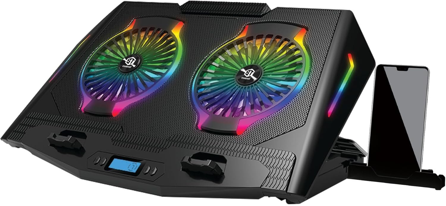 Standard ICE07 Gaming Laptop Cooling Pad – Dual Big RGB Fans, LCD Screen, Adjustable Stand, Mobile Holder, 2×USB Ports – for 12-17" Laptops - الصورة 4