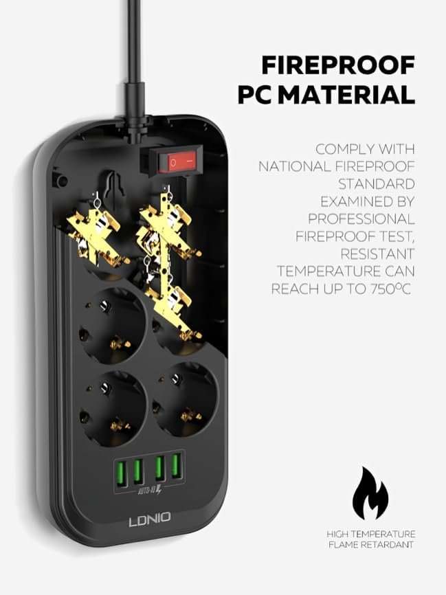 LDNIO SE6403 Multi-Outlet Power Strip – 6 AC Sockets, 4 USB Ports, 17W Smart Fast Charging, 2m Cable