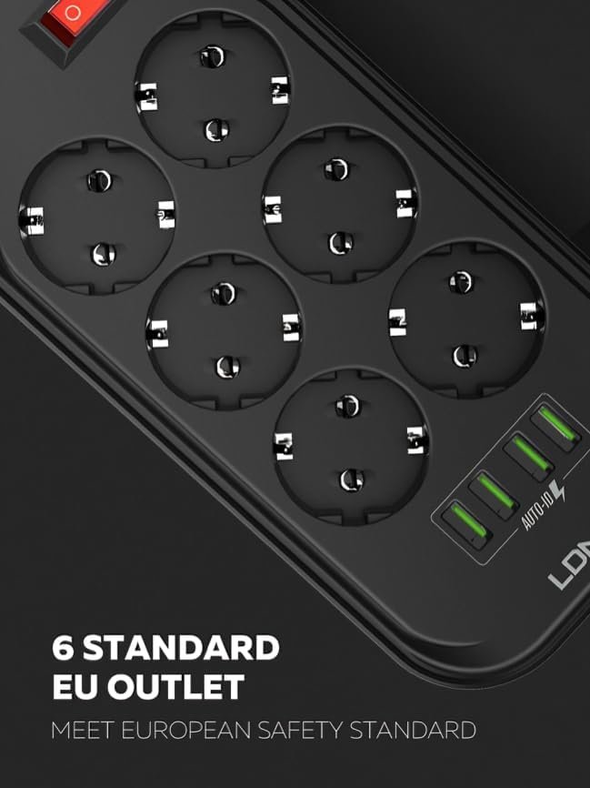 LDNIO SE6403 Multi-Outlet Power Strip – 6 AC Sockets, 4 USB Ports, 17W Smart Fast Charging, 2m Cable