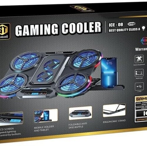 Standard ICE08 Gaming Laptop Cooling Pad – 6 Blue LED Fans, Multi-Speed LCD Control, RGB Side Lights, Adjustable Stand, Mobile Holder, Dual USB – for 12–17" Laptops (Black)