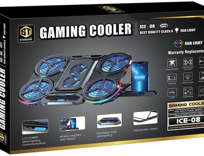 Standard ICE08 Gaming Laptop Cooling Pad – 6 Blue LED Fans, Multi-Speed LCD Control, RGB Side Lights, Adjustable Stand, Mobile Holder, Dual USB – for 12–17" Laptops (Black)