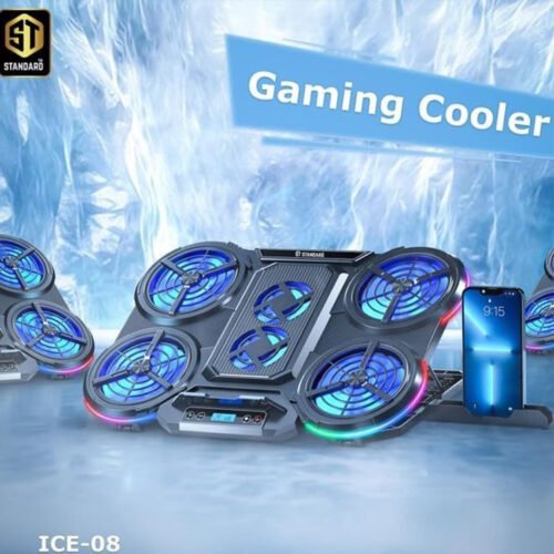 Standard ICE08 Gaming Laptop Cooling Pad – 6 Blue LED Fans, Multi-Speed LCD Control, RGB Side Lights, Adjustable Stand, Mobile Holder, Dual USB – for 12–17" Laptops (Black)