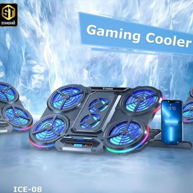 Standard ICE08 Gaming Laptop Cooling Pad – 6 Blue LED Fans, Multi-Speed LCD Control, RGB Side Lights, Adjustable Stand, Mobile Holder, Dual USB – for 12–17" Laptops (Black)