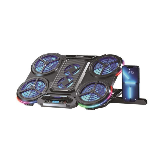 Standard ICE08 Gaming Laptop Cooling Pad – 6 Blue LED Fans, Multi-Speed LCD Control, RGB Side Lights, Adjustable Stand, Mobile Holder, Dual USB – for 12–17" Laptops (Black)