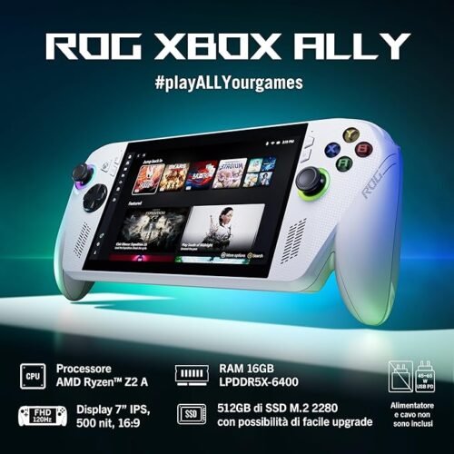 ASUS ROG Xbox Ally RC73YA, Gaming Console, 7" Glossy Touchscreen Display, 120Hz, AMD Ryzen Z2, RAM 16GB, 512GB SSD PCIE, Windows 11 Home, White