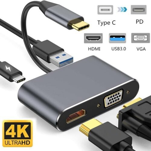 ADMIN USB C to HDMI VGA Multiport Adapter, USB Type C 4 in 1 Hub to 4K
