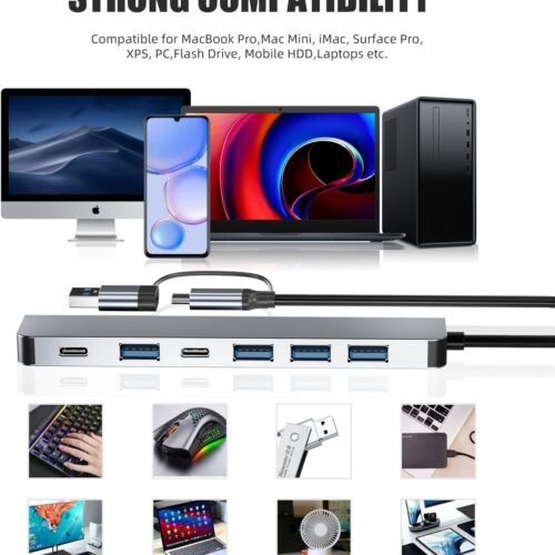 Aluminum 7 in 1 USB C/USB Hub, 2* USB C and 5* USB, USB 3.0 and USB 2.0 Ports, Ultra Slim Portable USB Splitter Adapter